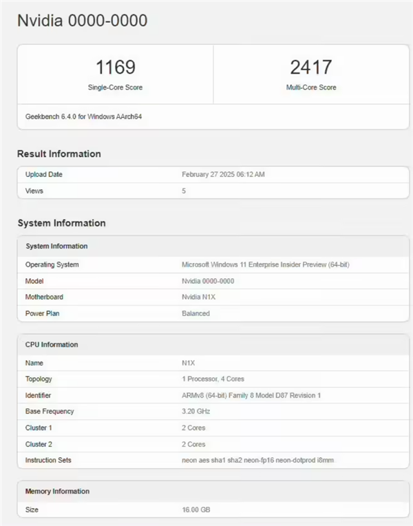 NVIDIA首款Arm PC芯片首度現身跑分！成績不太理想